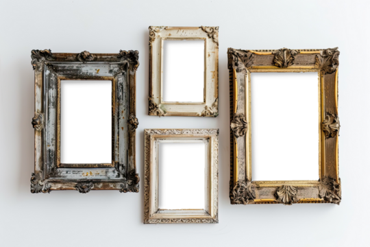 Four intricately designed vintage frames rest on a minimalistic white wall, inviting personal photos or artwork to adorn their empty spaces with elegance