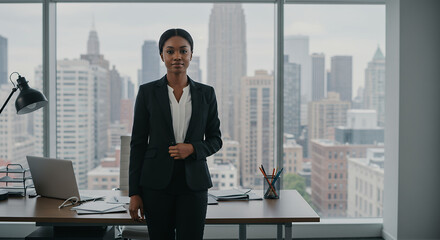 Confident Black Businesswoman in Modern Office with City View
