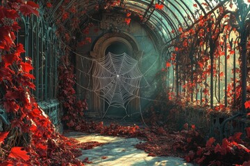 A large spiderweb hangs in a decaying, ivy-covered glasshouse, bathed in autumnal light.