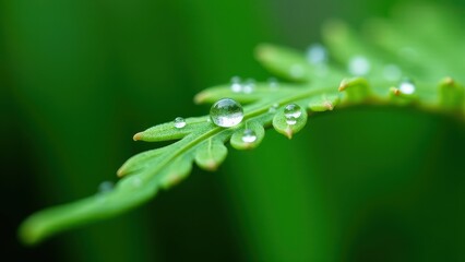Macro photography of a green fern leaf with dew drops and natural reflections	