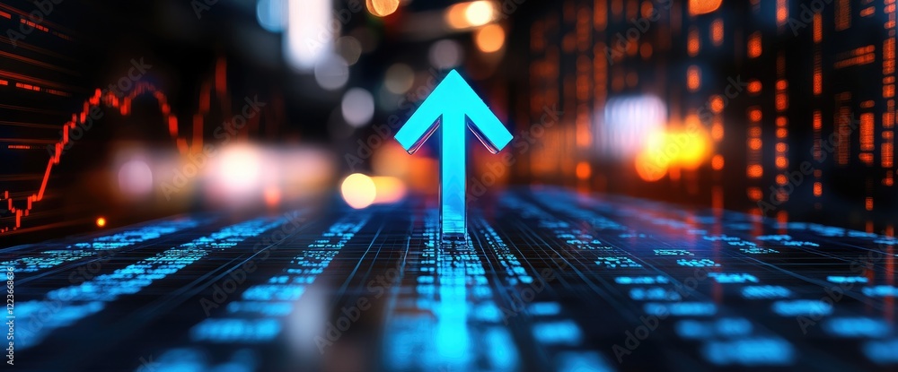 Poster futuristic digital landscape with upward arrow symbolizing growth against a backdrop of data streams