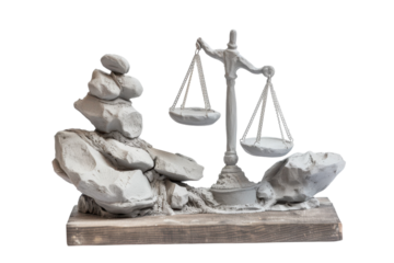 A balanced sculpture of justice resting on rugged rocks symbolizing strength and stability in the pursuit of fairness and truth isolated on transparent background