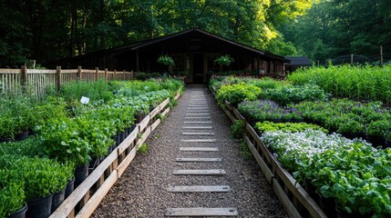 Obraz premium Garden center pathway, plants, woodland setting, spring