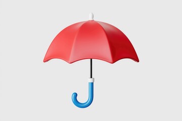 A simple red umbrella with a blue handle, isolated against a white background.