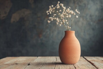 Elegant terracotta colored ceramic vase with sand flowers standing on a wooden texture table