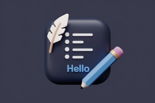 A 3D icon depicting a note with a feather, list, pencil, and the word Hello.