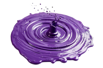 Vibrant splashes of purple paint forming elegant ripples on a smooth surface during an artistic creation process isolated on transparent background