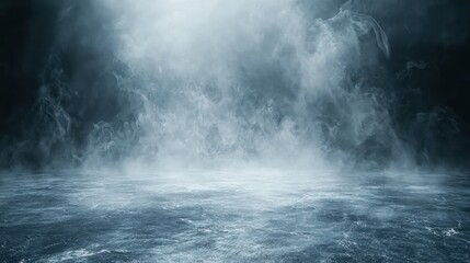 Smoky, dark studio background; icy floor, spotlight