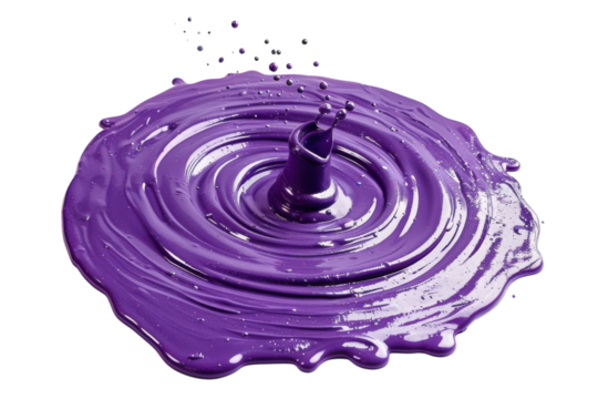 Vibrant splashes of purple paint forming elegant ripples on a smooth surface during an artistic creation process isolated on transparent background