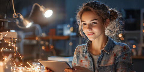Smiling young woman using a tablet while working in a cozy, illuminated workshop
