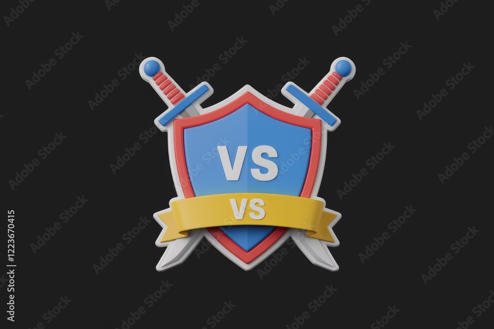 Poster a 3d rendering of a blue shield with crossed swords and a yellow banner with vs written on it.