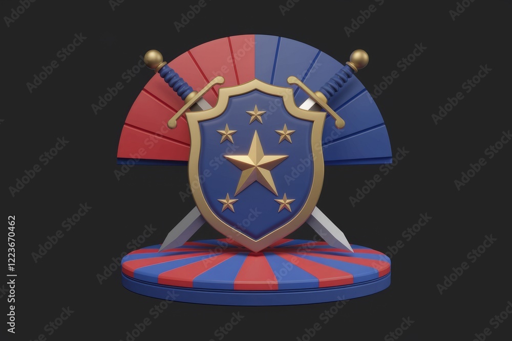 Poster a 3d rendering of a shield with a star and swords crossed behind it.