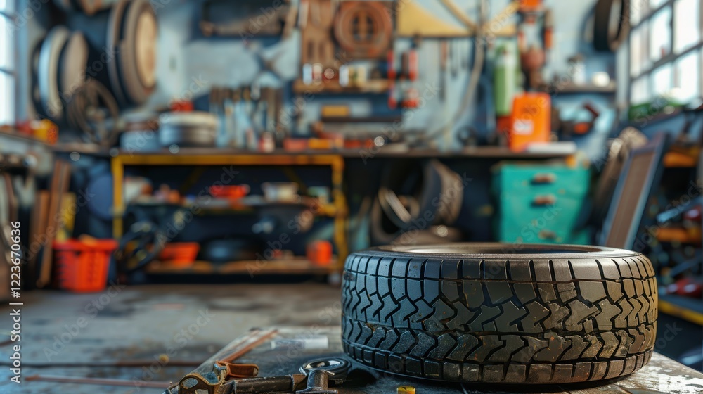 Poster technical tire repair process in workshop setting for maintenance and engineering design