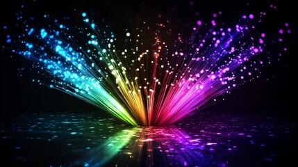 Colorful fiber optic strands with glowing tips and reflections