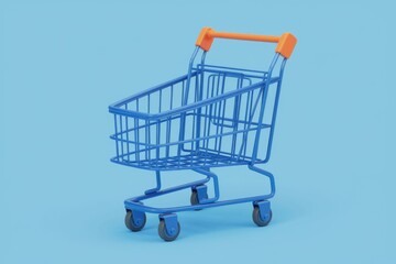 A blue shopping cart with orange handle on blue background.