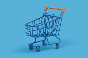 A blue shopping cart with orange handles on a blue background.