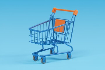 A blue shopping cart with orange handles on a blue background.