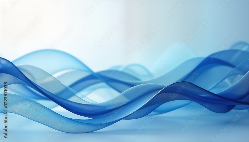 Poster Abstract blue wave pattern design. Flowing lines create dynamic border. Light blue hues create elegant visual effect. Ideal for digital backgrounds, business presentations, tech posters. Smooth
