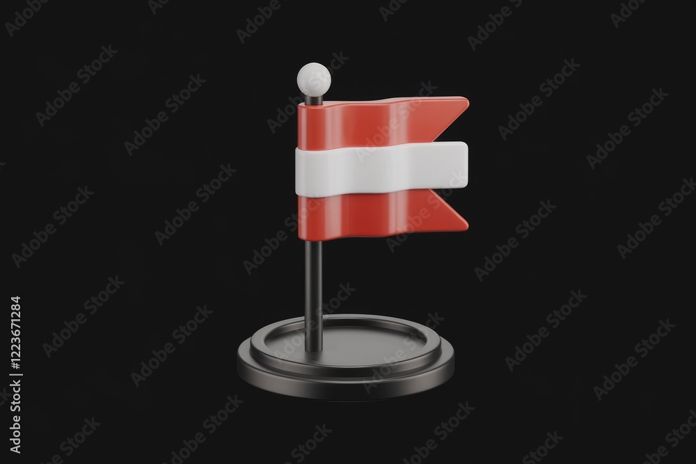 Poster a 3d rendering of a flag with a red and white design on a black base.