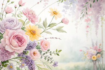Pastel floral bouquet watercolor painting with garden background.