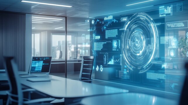 A high-tech augmented reality interface projected in a modern office, clean and futuristic workspace, High-tech style