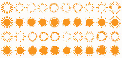 Sun icon set, Collection of Yellow suns stars for use in as logo or weather icon isolated on white background. Summer Vector flat design.