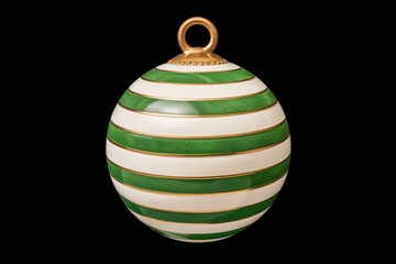 A white and green striped Christmas ornament with a gold top.