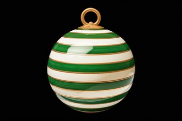 A green and white striped Christmas ornament with a gold ring.