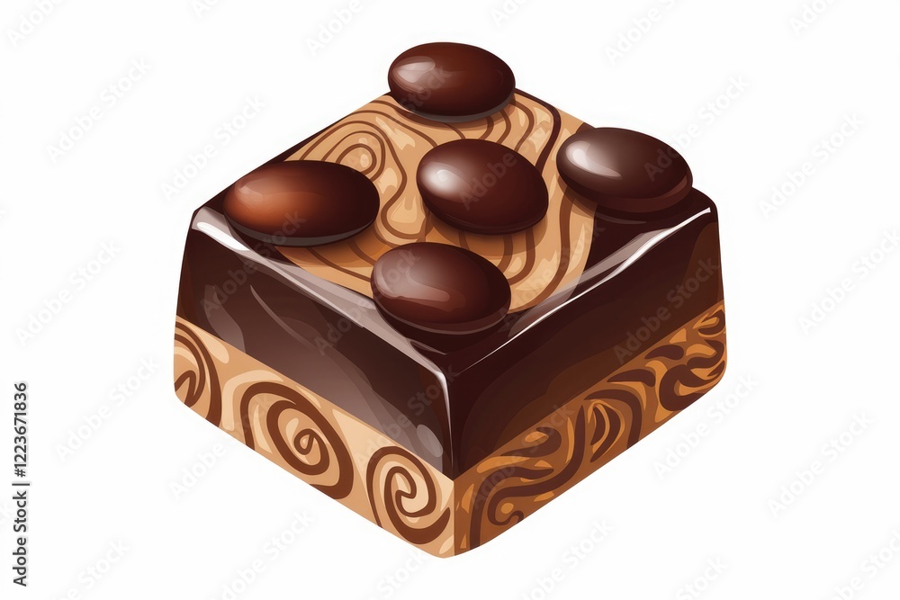 Poster a square chocolate truffle with a swirl pattern and topped with four chocolate beans.