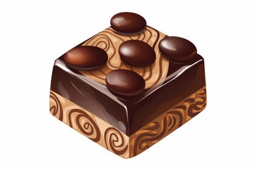 A square chocolate truffle with a swirl pattern and topped with four chocolate beans.