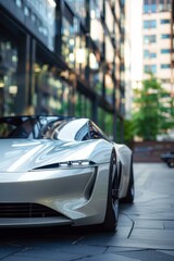 Sleek Electric Sports Car in High-Tech Urban Setting for Modern Design and Innovation Posters