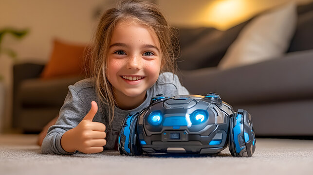 Smiling girl lying on carpet showing thumbs up with programmable robot toy