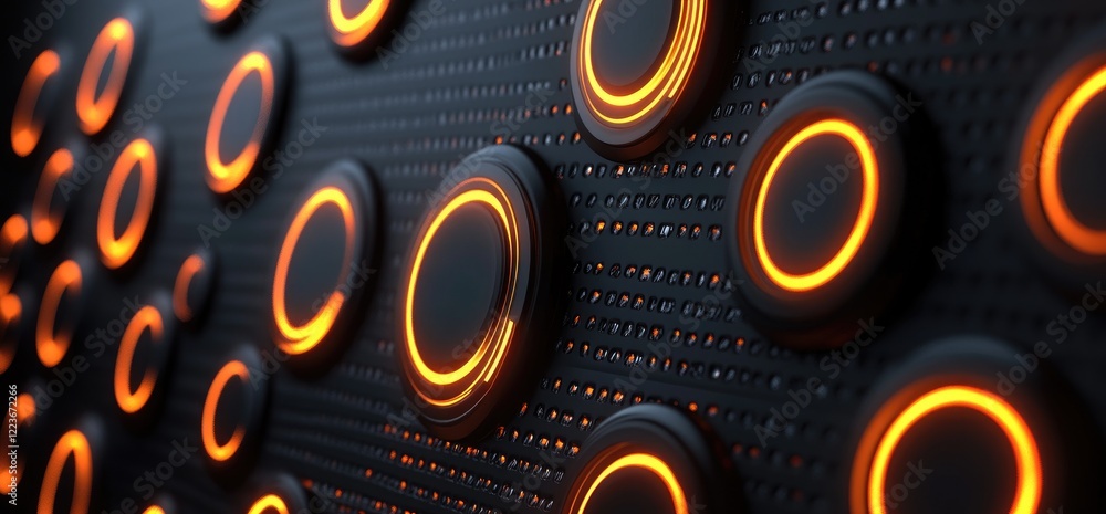 Poster glowing circular buttons on dark tech background, futuristic interface design, website banner