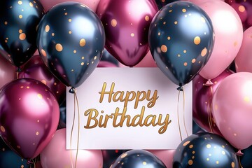 Happy birthday card with gold lettering surrounded by elegant black, pink, and gold balloons. Luxurious festive decoration with a modern and stylish design