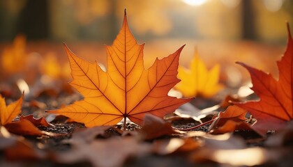 Autumn maple leaf on forest floor in warm sunlight.