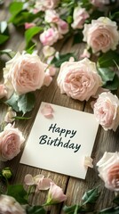 Birthday card with elegant handwritten text, surrounded by delicate pink roses and scattered petals on a rustic wooden surface, creating a romantic and warm celebratory atmosphere