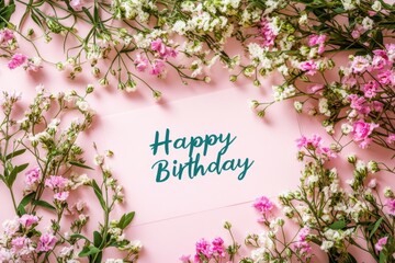 Happy birthday card on a pastel pink background surrounded by delicate white and pink flowers, creating a soft and elegant celebration atmosphere