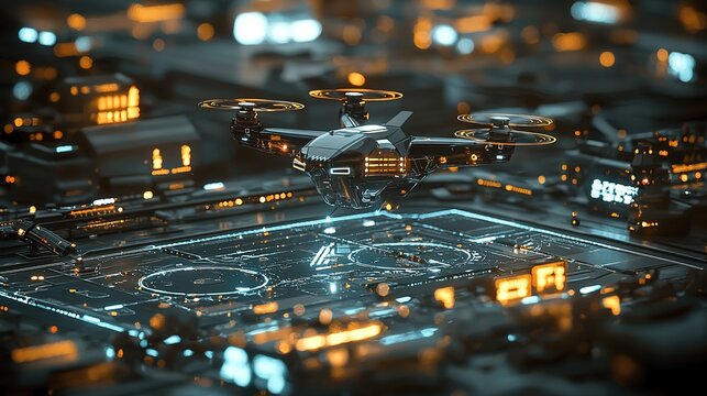 Futuristic drone transport innovation in urban cityscape digital art nighttime tech concept visualization