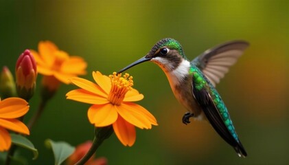 Fototapeta premium Shimmering throat hummingbird sipping nectar from orange flowers, Nature, Beak