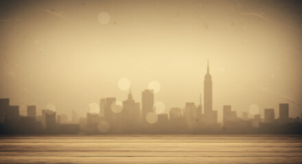Obraz premium Wooden Tabletop with Blurred City Skyline Background - Vintage Style