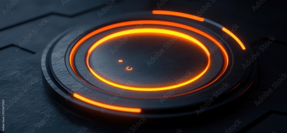 Poster glowing orange circle interface button on dark surface; futuristic technology background; website de