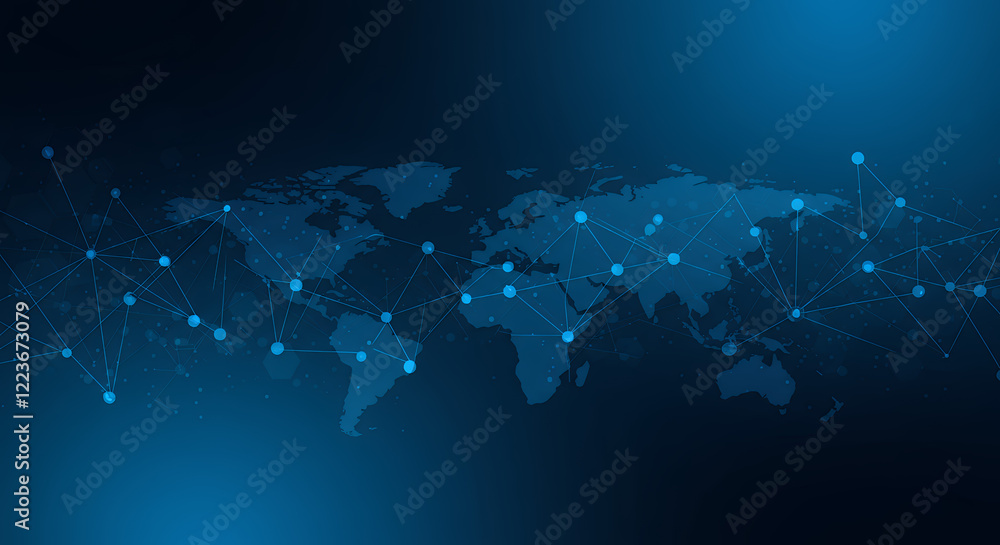 Aufkleber global network connection, world map with data points and lines