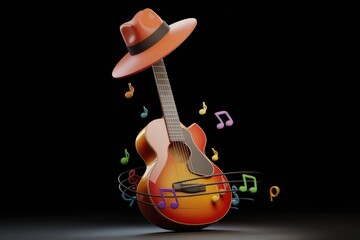 A 3D render of an acoustic guitar with a hat and musical notes.