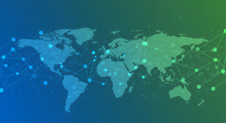 Obraz premium Global Network Connection, World Map with Nodes and Lines, Digital Communication, Internet Technology