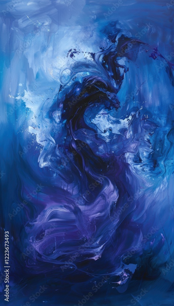 Poster dynamic abstract painting in blues and purples expressing deep emotion and complexity of sadness