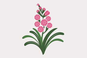 Fototapeta premium A stylized illustration of a pink flower with green leaves on a white background.