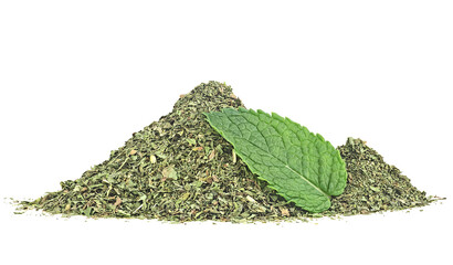 Fresh mint leaf with pile of dried mint isolated on a white background © domnitsky