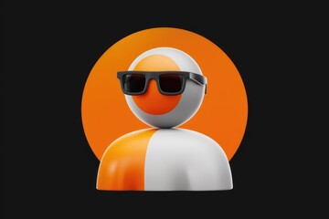 A 3D rendering of a stylized person wearing sunglasses with an orange and white design.