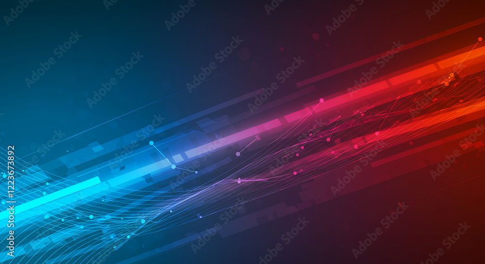 Poster abstract technology background with blue and red glowing lines and network connections