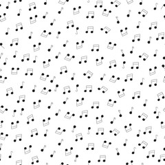 Ditsy Black Music Notes Scattered on White background creating a seamless pattern print background